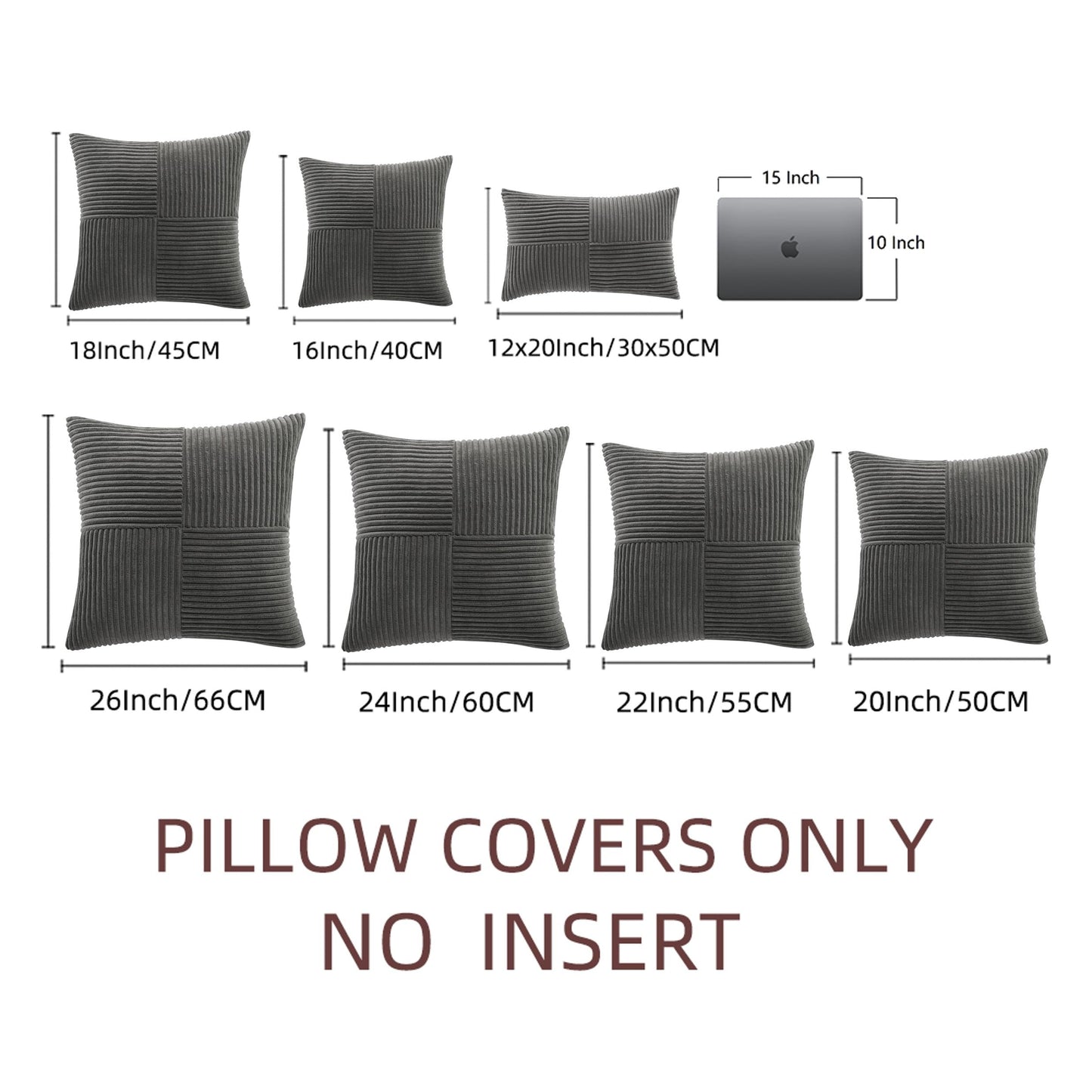 Fancy Homi 2 Packs Dark Gray Decorative Throw Pillow Covers 20x20 Inch for Living Room Couch Bed Sofa, Farmhouse Boho Home Decor, Soft Corss Corduroy Patchwork Accent Square Cushion Case 50x50 cm