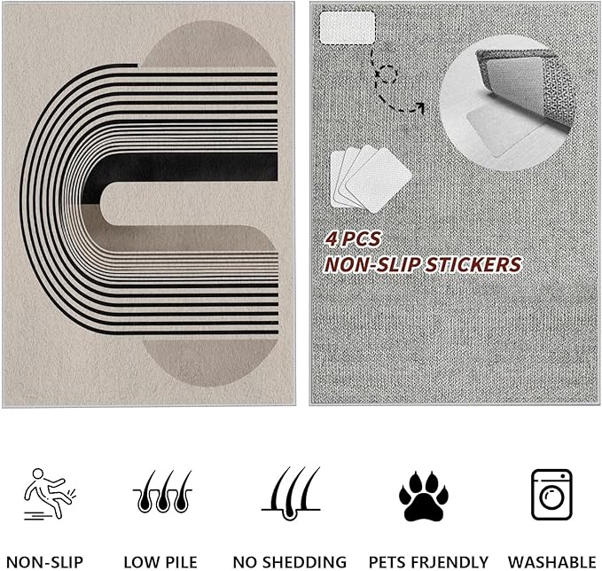 Modern Washable Rug for Living Room 5x7, Boho Abstract Striped Area Rugs, Soft Non Slip Low Pile Farmhouse Carpet for Bedroom Dining Room Kitchen, Stain Resistant, Pet Friendly, Beige Black