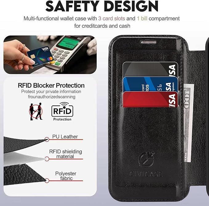 CIVICASE for iPhone 15 Pro Max Wallet Case with Stand,PU Leather Flip Credit Card Holder Slots (RFID Blocking),Compatible with Magsafe Magnetic Holder Phone Cover Women Men,Black