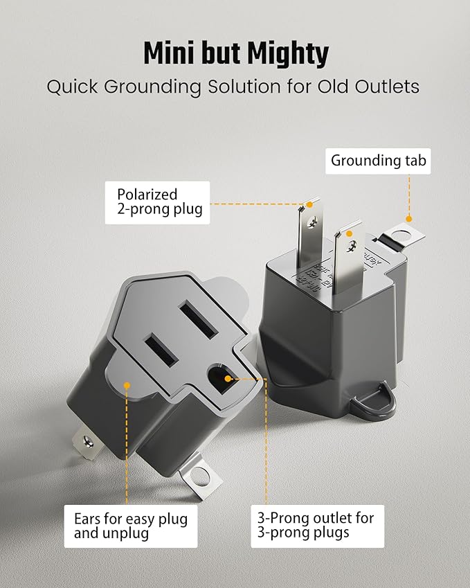 2 Prong to 3 Prong Outlet Adapter, SUPERDANNY ETL Listed 3-2 Prong Adapter, Fire-Retardant (392℉) PBT Material, Heavy Duty Wall Plug Adapter for Old Homes, Travel to Japan, Gray, 6-Pack