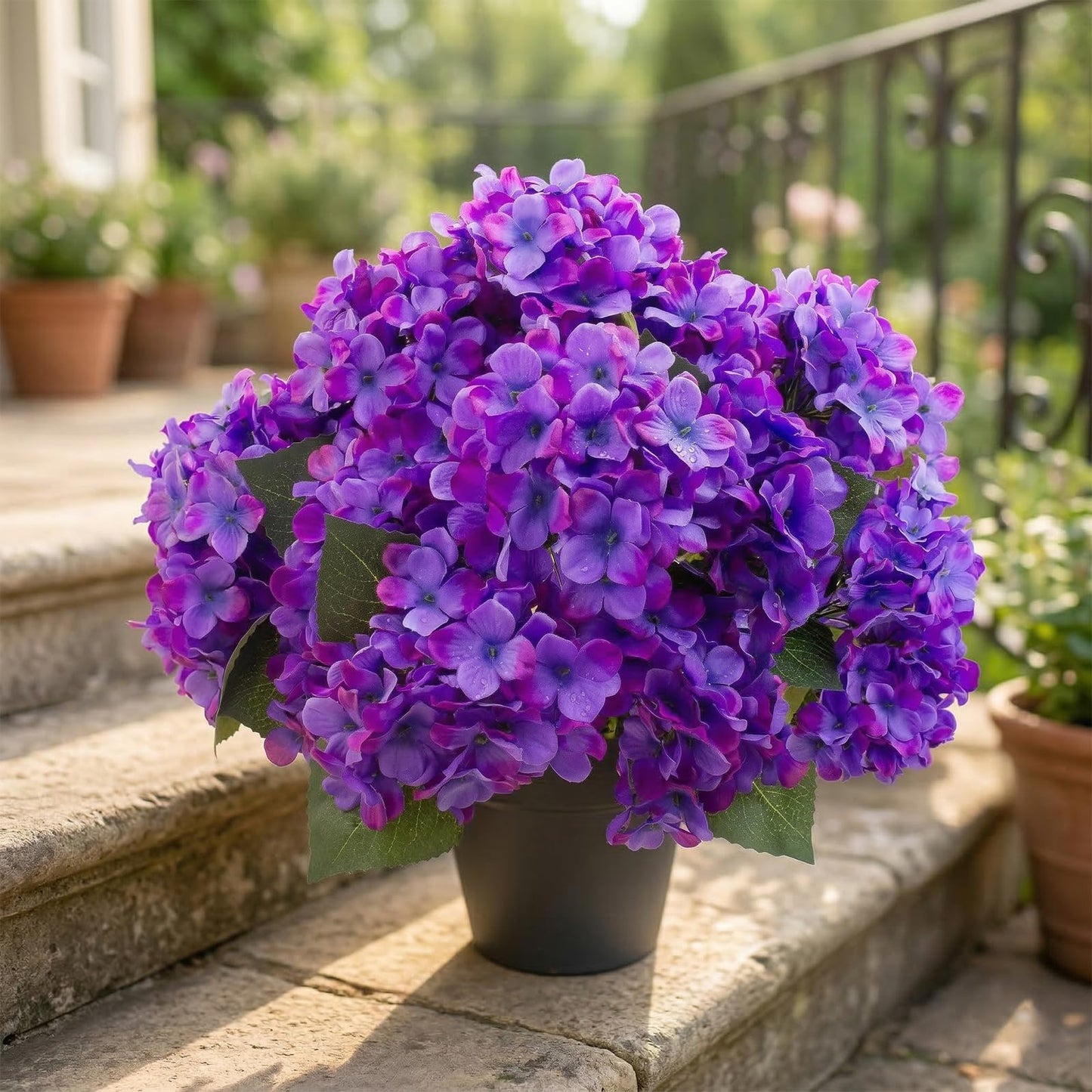 Daynight 4 Pcs Hydrangea Artificial Flowers Outdoor Silk Bouquets, UV Resistant Faux Hydrangeas Flowers for Table Vase Centerpieces Outside Party Wedding Baby Shower Home Outdoor Decor (4, Purple)