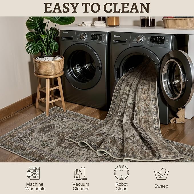 Tangsoo Washable Entryway Rugs 2x3 Vintage Non Slip Small Area Rug, Indoor Front Door Rug, Print Distressed Door Mat Indoor Entrance Soft Low Pile Throw Rug for Entry Kitchen Bedroom Grey