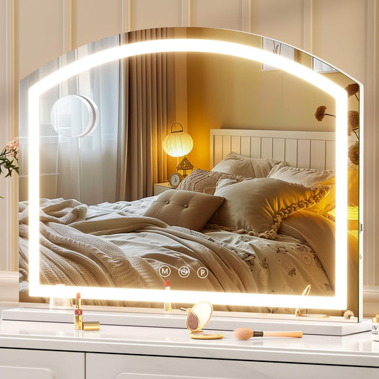 Hasipu Arch Vanity Mirror with Light, 32" x 24" Inch Led Makeup Mirror with 10X Magnification, Tabletop Desk Mirror with USB Charging Port, Dimmable 3 Colors Mode