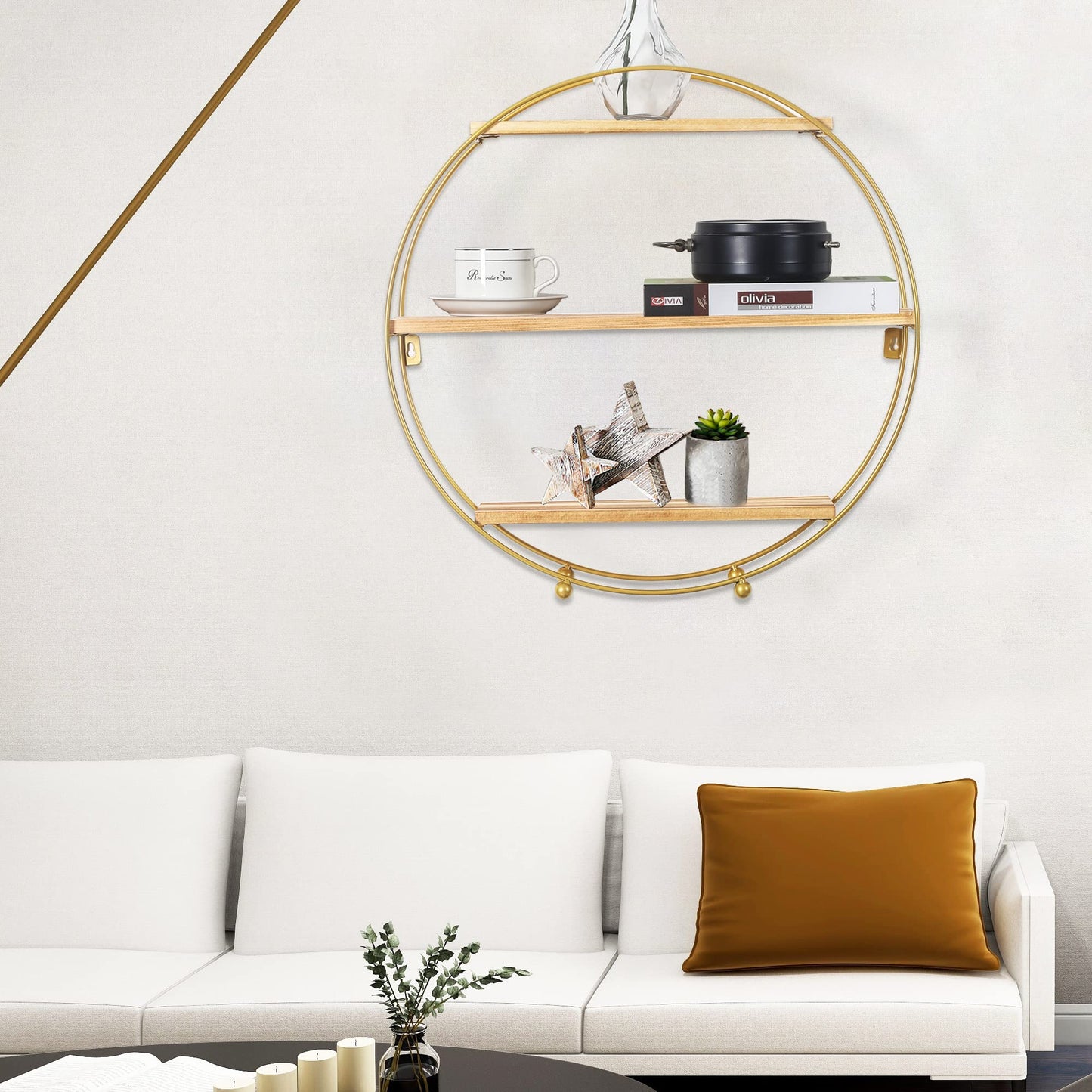 Joveco Round Wall Shelf Gold, 3 Tier Metal & Wood Circle Shelf Set, Round Shelves Wall Decor for Living Room,Bedroom,Bathroom (Gold)