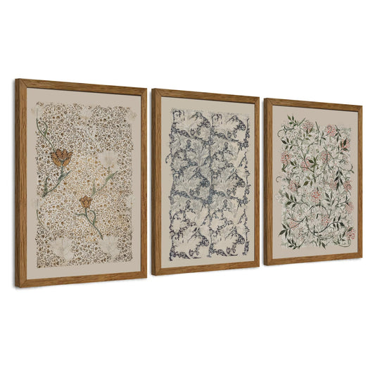 Krtoni 3PCS Framed Vintage William Morris Wall Art, Neutral Abstract Floral Canvas Artwork Prints, Rustic Boho Farmhouse Flower Botanical Picture Paintings for Living Room Bedroom Office 12W x16H