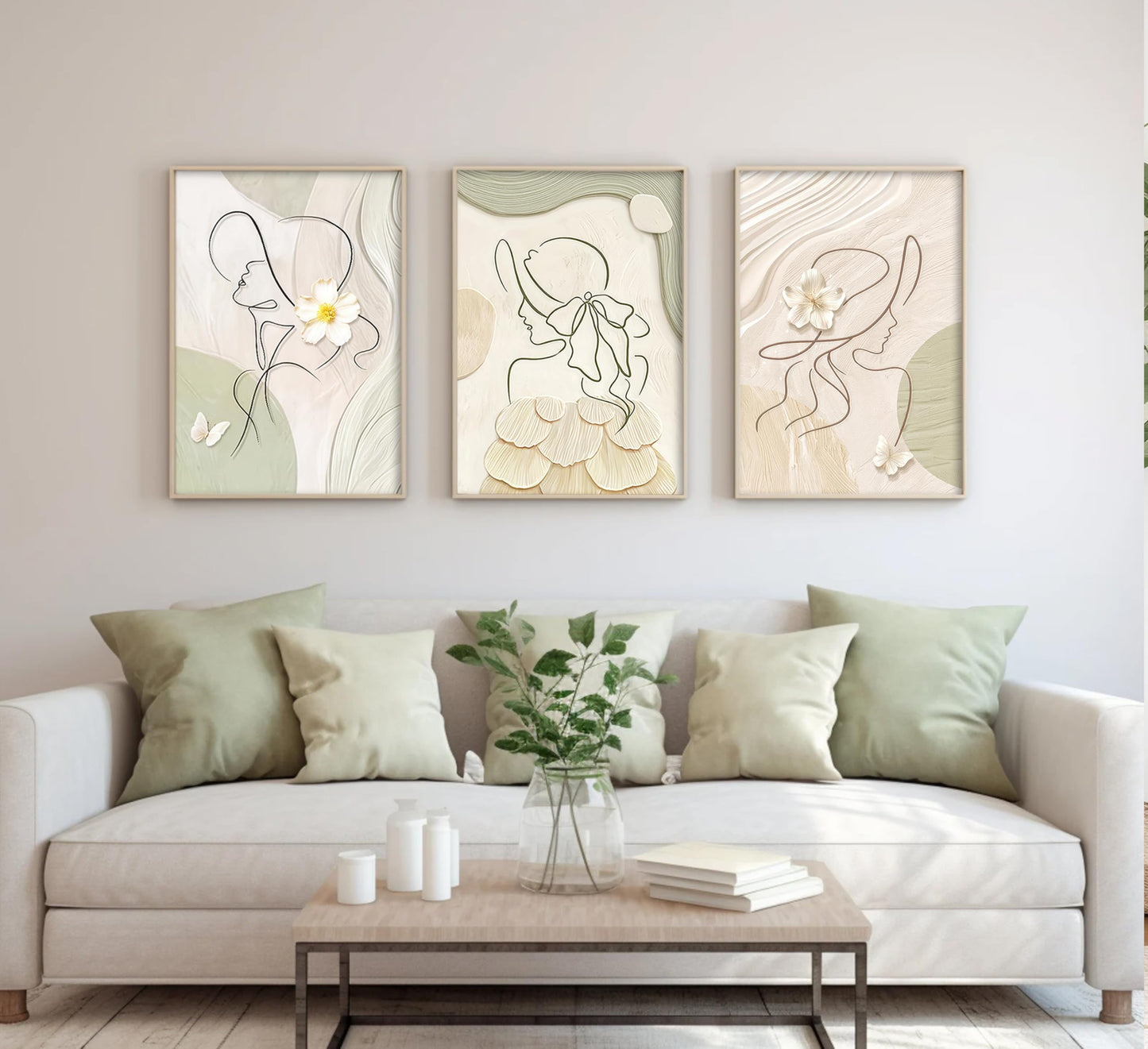 3Pcs Abstract Woman Canvas Wall Art Minimalist Line Beige and Green Girl Picture Wall Decor White Flower Texture Posters Boho Cream Neutral Painting Print Artwork for Living Room Bedroom, Unframed