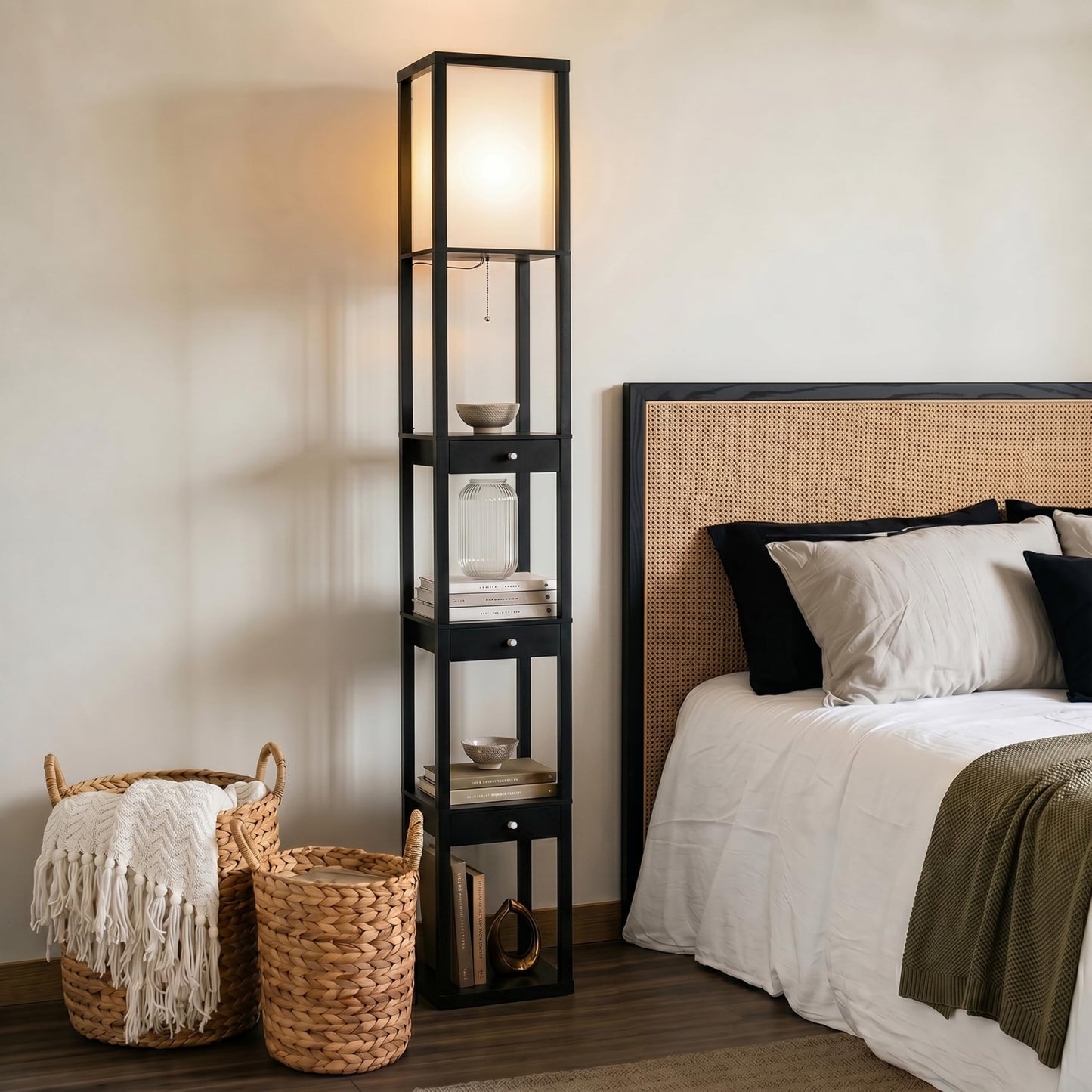 Brightech Maxwell Drawer Edition - Modern Shelf Floor Lamp with Drawer - Corner Display Floor Lamps with Shelves for Living Room, Bedroom and Office - Black