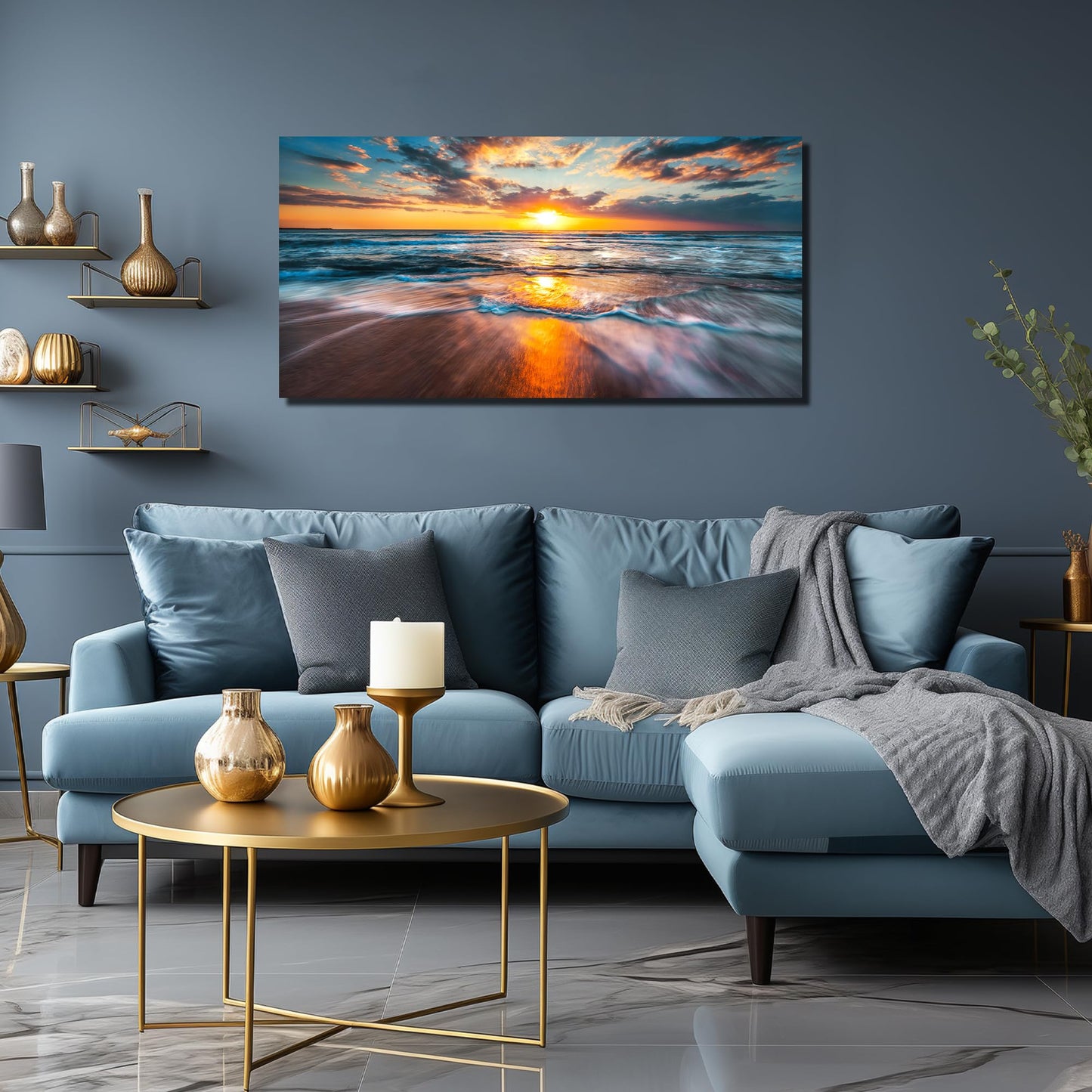 GUGIKA Sun Wall Art for Living Room, Blue Wave and Large Coastal Beach Wall-Decor for Bedroom, Gold Sun Scenery Poster Canvas Print, Size 40 x 20 Inches