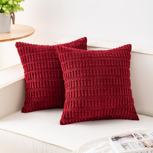 Aegero Pack of 2 Corduroy Decorative Throw Pillow Covers 22x22 Inch Soft Striped Pillow Covers Modern Farmhouse Home Decor for Sofa Living Room Couch Bed（Wine Red）