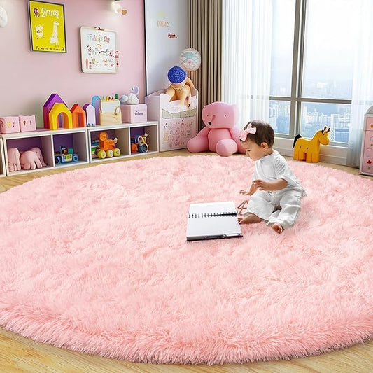 Round Fluffy Rugs 8Ft for Girls Bedroom, Pink Shag Circle Kids Rug Non-Slip for Bedside Dorm Nursery Playroom, Soft Cute Area Rugs for Living Room Decor