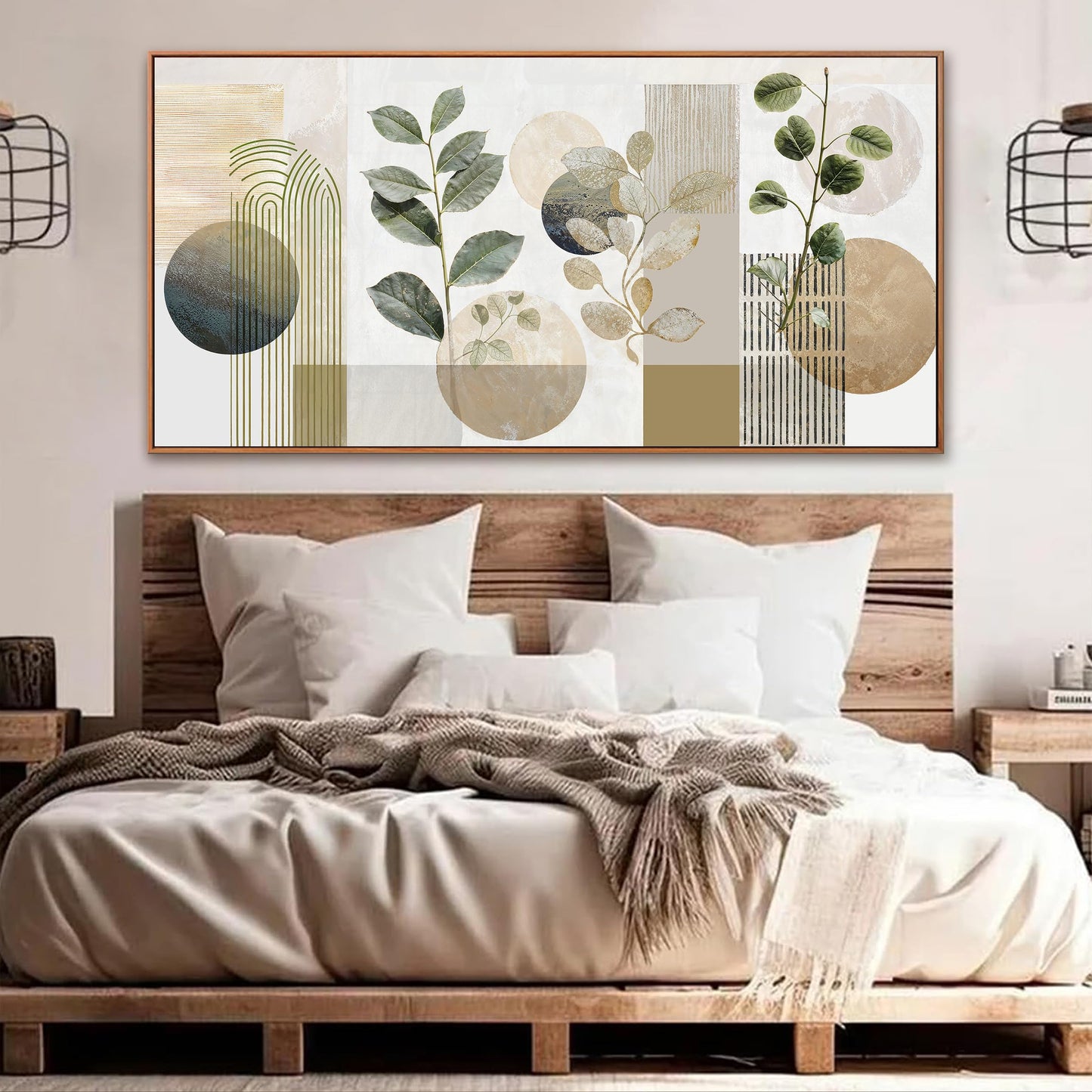 Boho Wall Art Mid Century Canvas Wall Art Decor Set Bohemian Abstract Wall Decor Modern Painting Neutral Botanical Print Picture Living Room Bedroom Office Artwork 24" X 48" With Framed