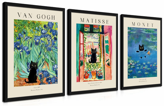 Wood Framed Monet Wall Art Set of 3 - Van Gogh Black Cat Flower Field Canvas Paintings Prints, Matisse Abstract Black Cat Aesthetic Pictures for Room Bedroom Living Room Bathroom 12x16 in