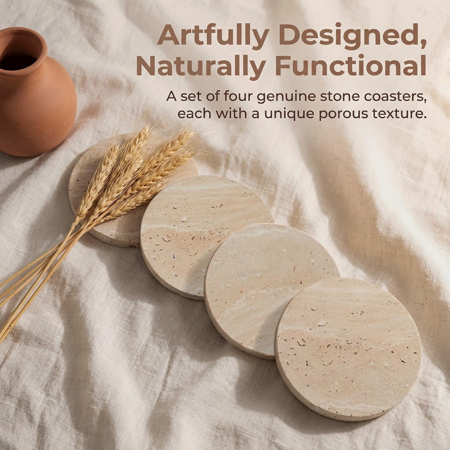 4-Inch Beige Travertine Coasters Set of 4 - Natural Limestone Drink Coasters with Non-Slip Cork Backing, Protect Countertops from Stains and Scratches