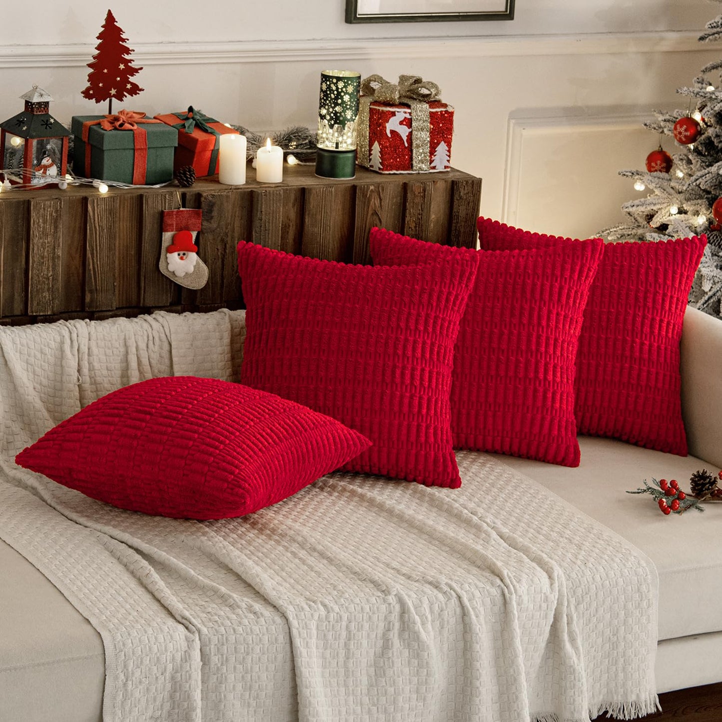 MIULEE Pack of 4 Christmas Red Corduroy Decorative Throw Pillow Covers 18x18 Inch Soft Boho Striped Pillow Covers Modern Farmhouse Home Decor for Sofa Living Room Couch Bed