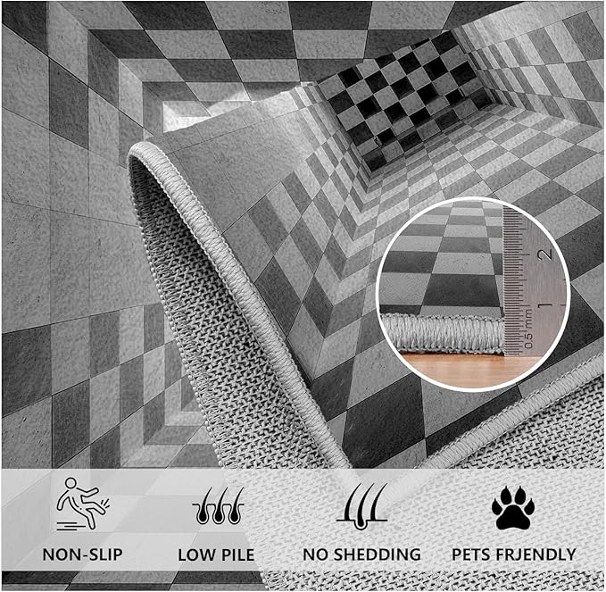 3D Rug 3x4, Plaid Soft Ultra Soft Faux Wool Low Pile Optical Illusion Rug, Indoor Floor Mats Abstract Geometric Carpet, Non-Slip Stain Resistant Washable Rugs, Modern Gray Rugs for Living Room