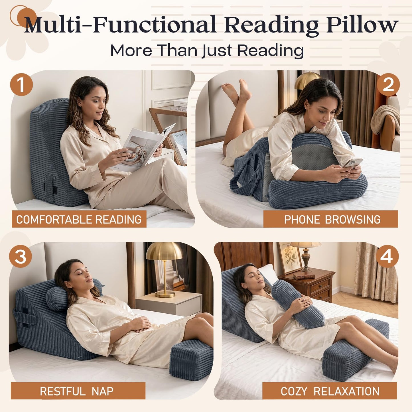 AMCATON Reading Pillow/Backrest Pillow with Arms, Cup Holder & Phone Pocket - Bed Rest Pillow with Adjustable Headrest, Corduroy Fabric for Back Support in Bed/Sofa/Floor (Gray, 21 INCH)