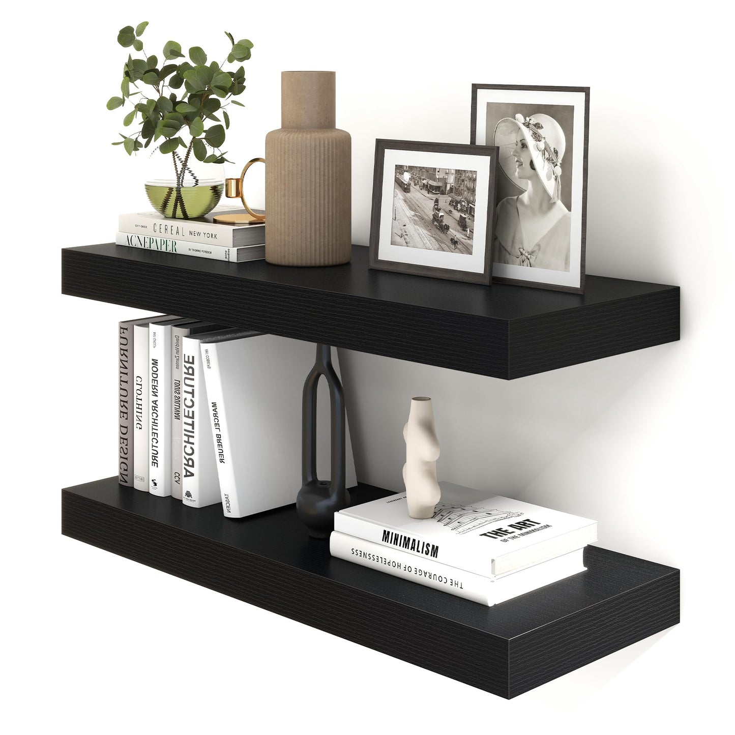 FLYJOE 30 Inch Floating Shelves | 12 Inch Deep Black Floating Shelves Set of 2 | 30" W x 12" D Rustic Wood Shelves for Wall | Deep Black Shelves for Living Room Bathroom Laundry Room Kitchen