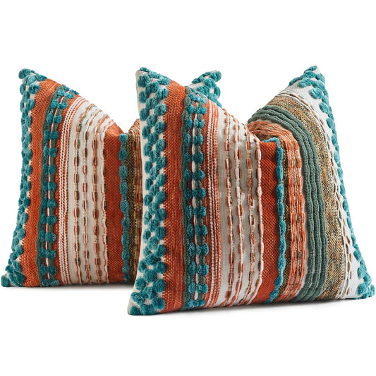AmHoo Set of 2 Chenille Tufted Striped Textured Boho Throw Pillow Covers Aesthetic Woven Decorative Pillow Case for Couch Bed Sofa Bedroom Modern Funky 18 x 18-Inch Turquoise Multicolor