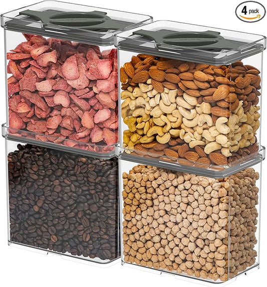 Prestoor 4-Pack Airtight Pantry Containers, 1.9 QT / 1.8 L Clear Food Storage Jars with Leakproof Twist-Lock Lids, Detachable Lid for Easy Cleaning, Cereal, Pasta, Rice, Oats, Snack Storage -Black