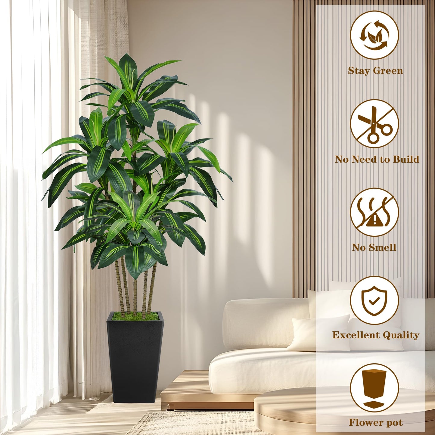 6FT Artificial Dracaena Tree, Fake Tree Indoor with Black Tall Planter,Tall Artificial Plants Indoor,Artificial Silk Tree for Home Office Decor (Black)