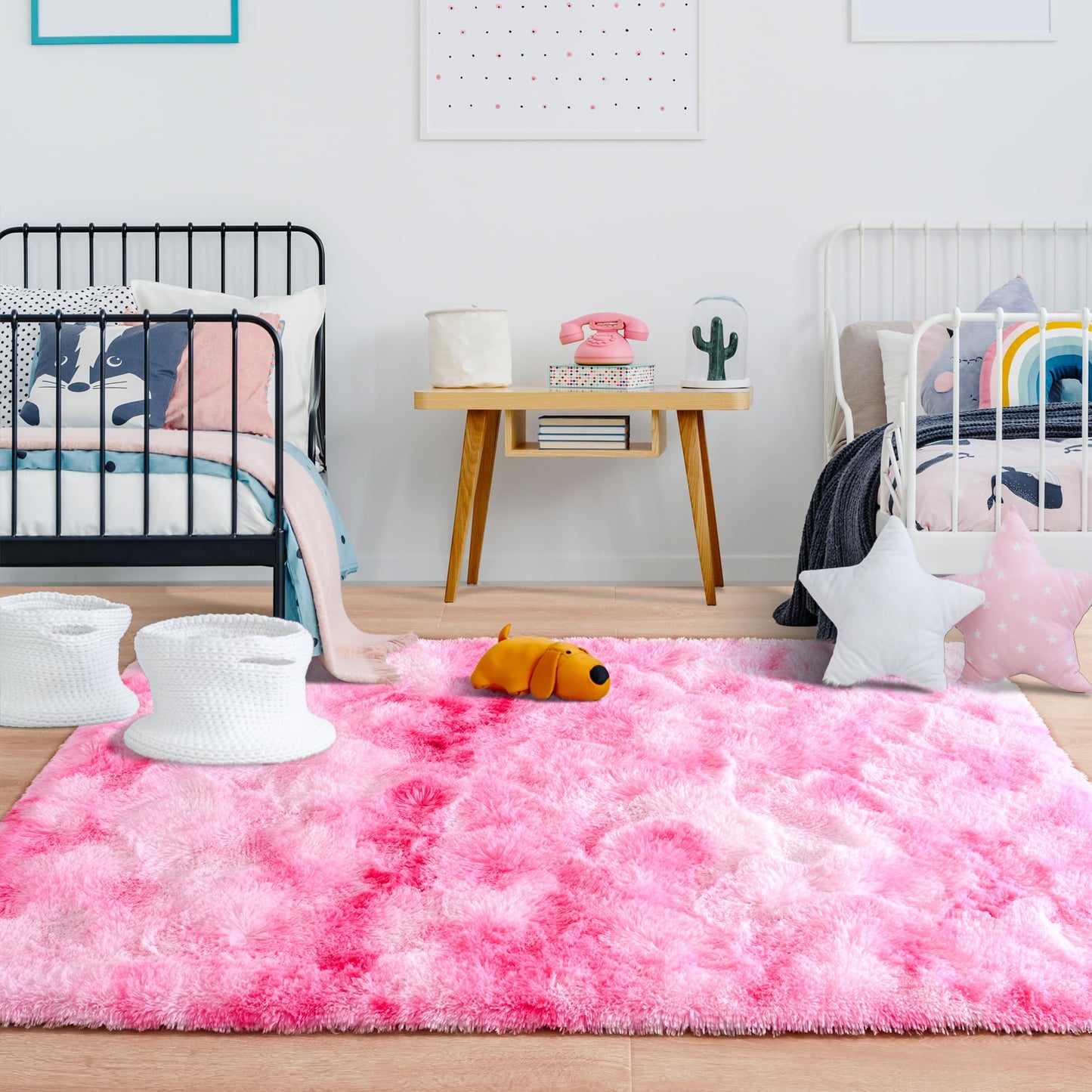 Foxmas Soft Fluffy Area Rugs for Bedroom Kids Room Plush Shaggy Nursery Rug Furry Throw Carpets for Boys Girls, College Dorm Fuzzy Rugs Living Room Home Decorate Rug, 3ft x 5ft, Tie-Dyed Pink
