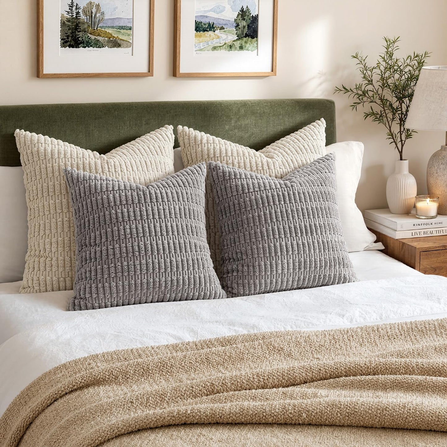 MIULEE Pack of 2 Corduroy Decorative Throw Pillow Covers 20x20 Inch Soft Boho Striped Pillow Covers Modern Farmhouse Home Decor for Sofa Living Room Couch Bed Light Grey