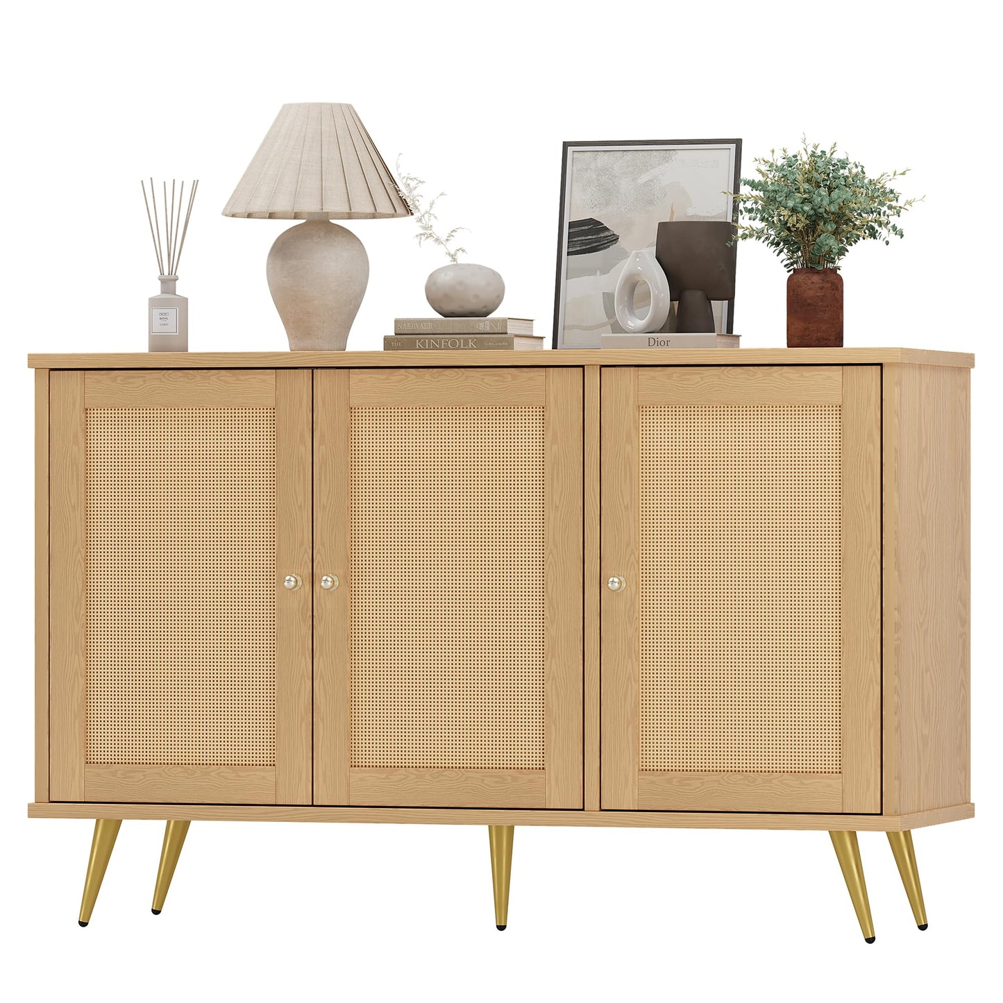 Shintenchi Large Rattan Storage Cabinet, Modern Sideboard Cabinet, Accent Large Storage Space Cabinet with Rattan Decorated Doors for Living Room, Dining Room