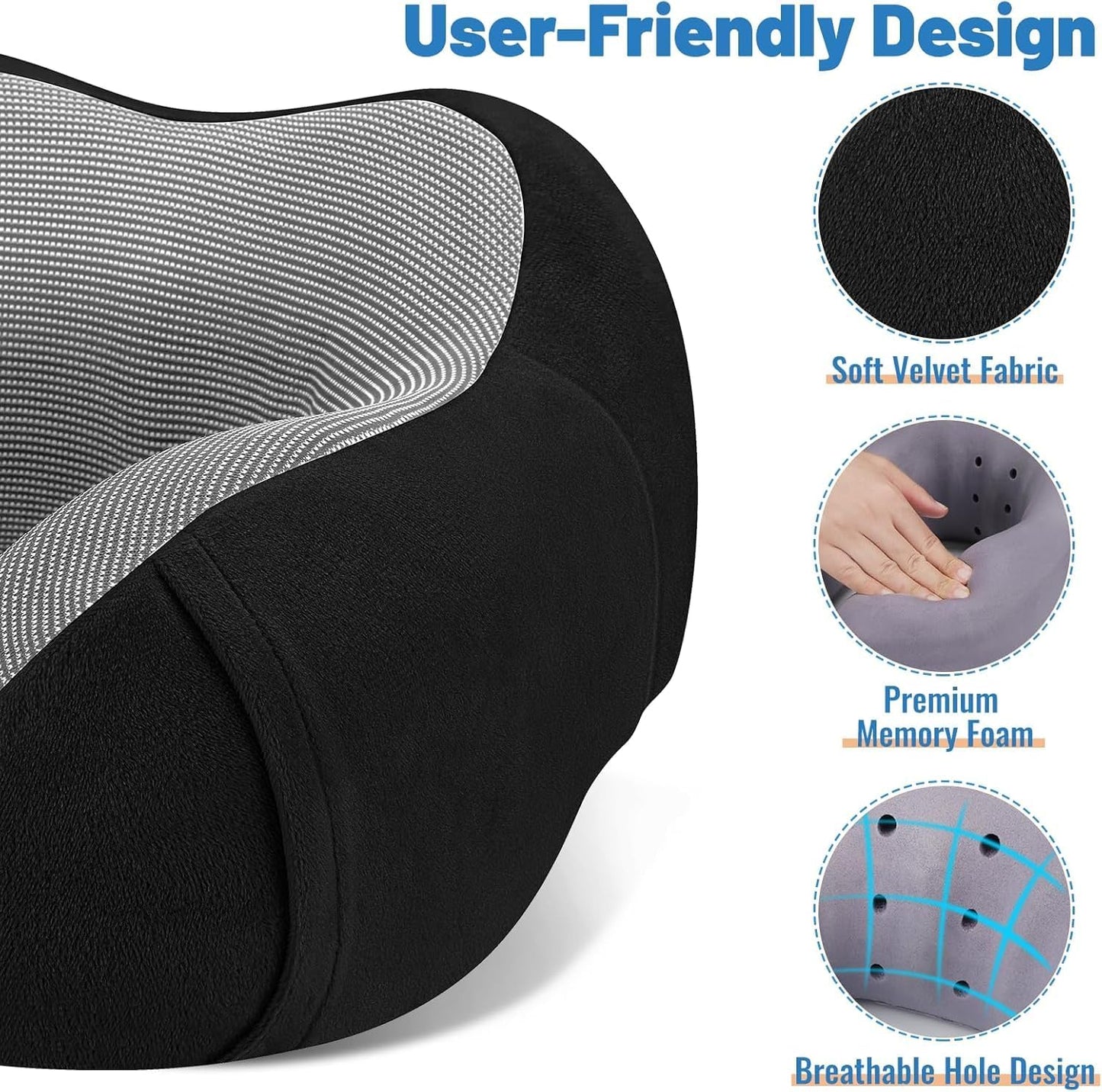CloudBliss Travel Pillow for Airplane, Memory Foam Neck Pillow for Travel, Compact Flight Pillow with Eye Mask, Earplugs, Carry Bag, Travel Neck Pillow for Long Flight Sleep, Plane Accessories, Black