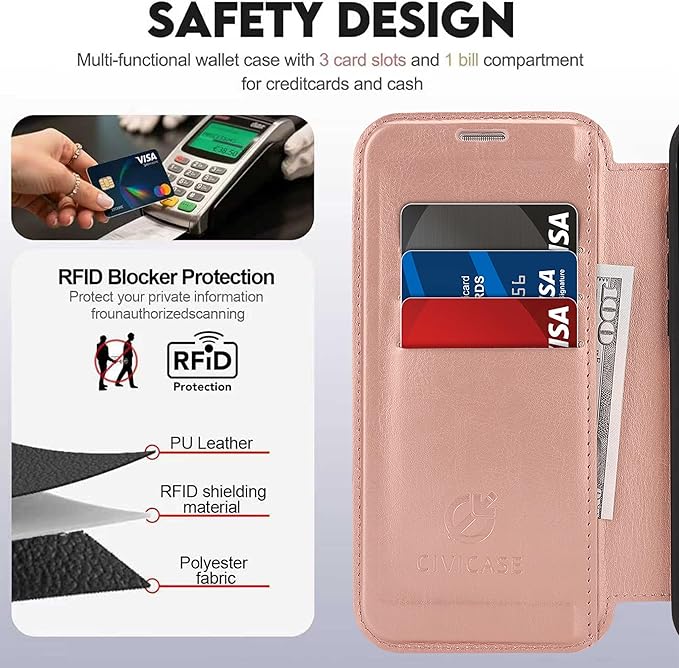 CIVICASE for iPhone 13/iPhone 14 Wallet Case with Stand,PU Leather Flip Credit Card Holder Slots (RFID Blocking),Compatible with Magsafe Magnetic Holder Phone Cover Women Men,Rose Gold