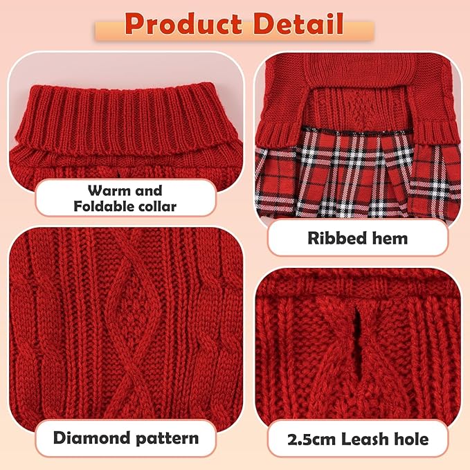 YUDODO 2 Pack Small Dog Sweater Dress with Bowtie Turtleneck - Knitted Pet Girl Dog Winter Clothes - Pet Warm Sweater for Puppy Yorkies, Chihuahua (S Red+Grey)