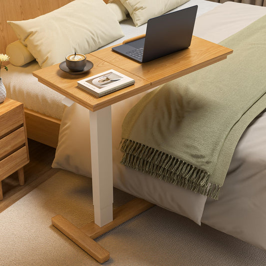IUNVR Solid Wood Overbed Bedside Table with Hidden Casters, Adjustable Hospital Bed Table Rolling Laptop Desk with Split Dual Desktop & Pneumatic Gas Spring Lift for Hospital, Home Use (Natural)