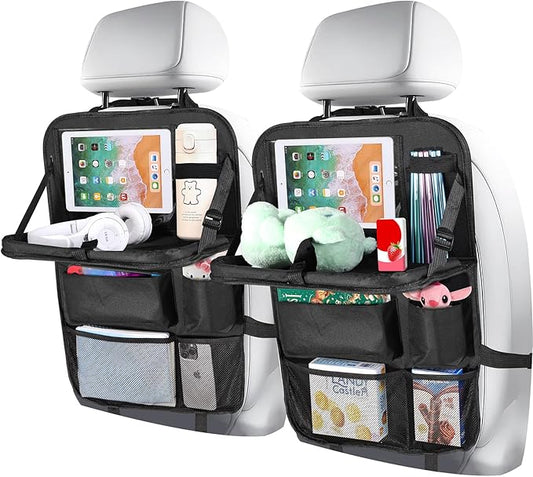 Backseat Car Organizer with Touch Screen Tablet Holder, Storage Pockets, Foldable Food Tray, Kick Mats Back Seat Protector, Travel Accessories for Kids and Adults (Upgraded Rear Organizer-2pcs)