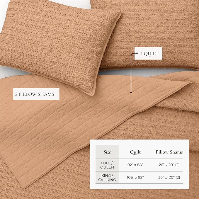 Great Bay Home Full/Queen Size 100% Cotton Honeycomb Waffle Quilt and Sham Set - Garment Washed, Waffle Weave Like Texture, Lightweight 3-Piece Bedding Set (Clay)