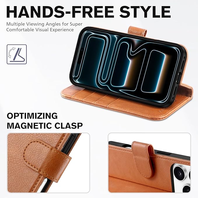 TUCCH Wallet Case for iPhone 17 Pro (6.3") 2025, 4 Card Holders | RFID Blocking | Stand | PU Leather | Magnetic Closure | Protective Flip Folio Cover | Shockproof TPU Shell | Light Brown