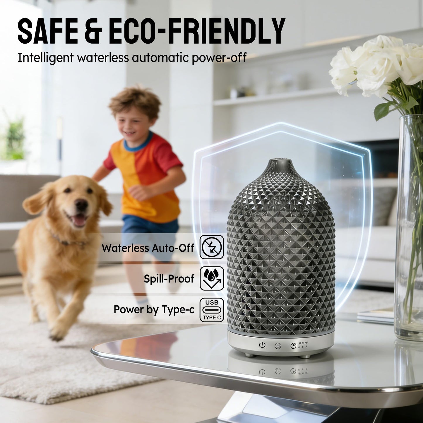 Peuesty Essential Oil Diffuser 150ml, Glass Diffuser with Ultrasonic Small Humidifier, 7 Color Lights, 1/2/4H Timer, Quiet Auto Shut-Off Oil Diffuser for Bedroom, Home, Office (Silvery)