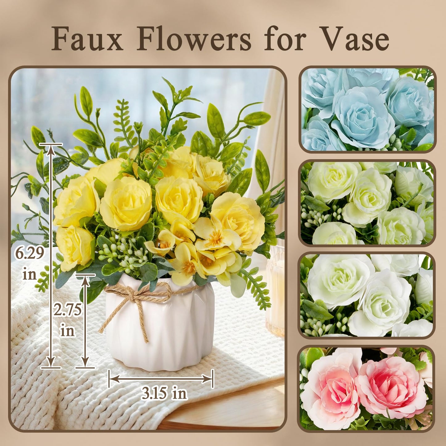 Mandarooker Yellow Artificial Silk Roses with Ceramic Vase, No Maintenance Faux Flower Arrangement, 6.3 Inch Realistic Table Decor for Home Office Wedding