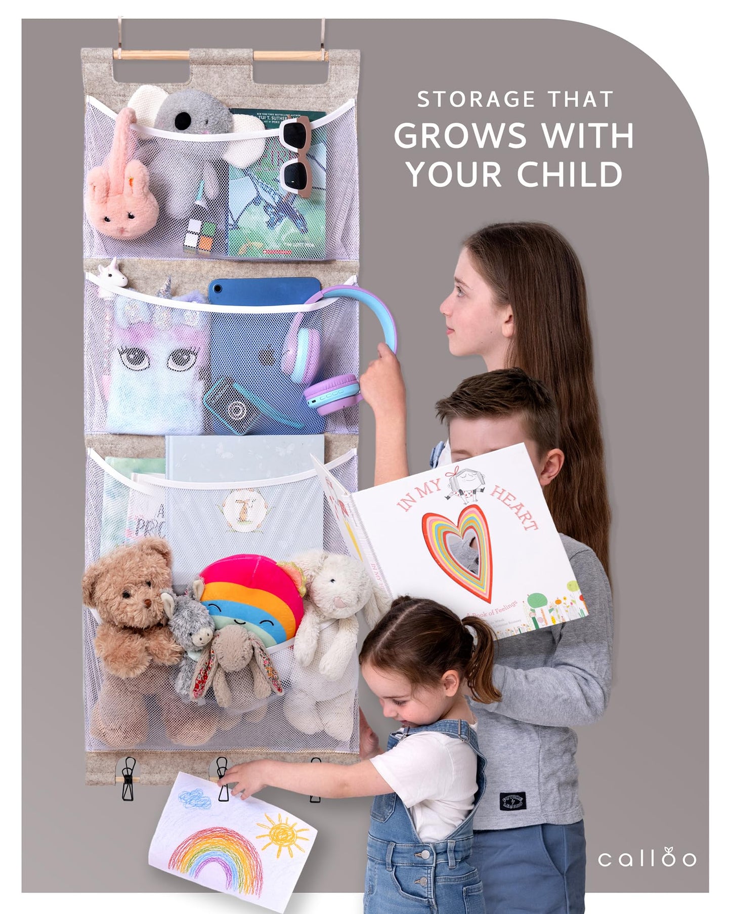 Calloo Over the Door Stuffed Animal Storage for Kids – Felt Organizer with Clips to Display Art and Mesh Pockets for Stuffies, Books and More – Space-Saving Hanging Design that Grows with your Child