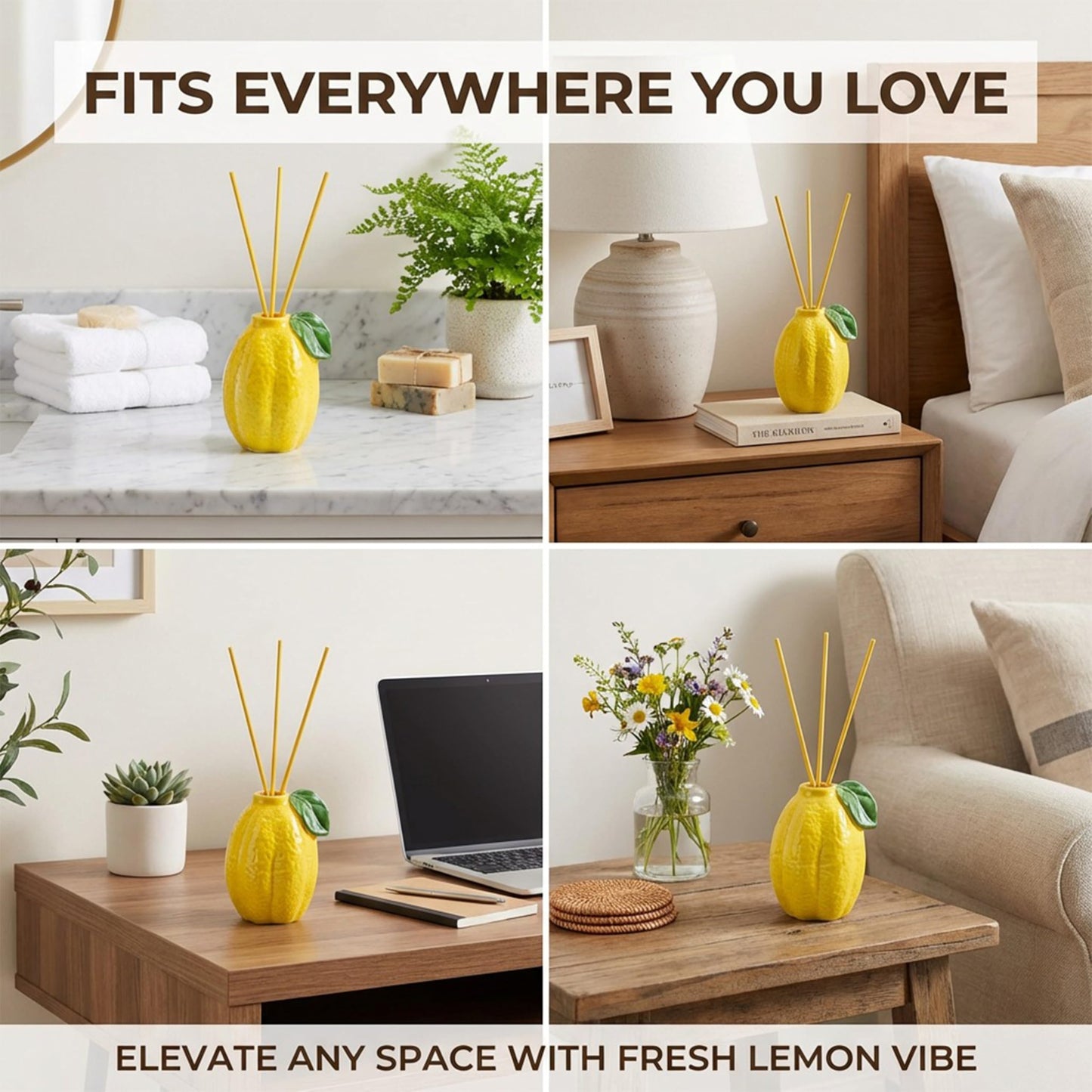 GroseMell Lemon Scented Reed Diffuser Set – 6.76 fl oz (200ml) with Sticks, Creative Lemon-Shaped Ceramic Design for Home, Bedroom & Bathroom Decor, Long Lasting Aromatherapy Gift