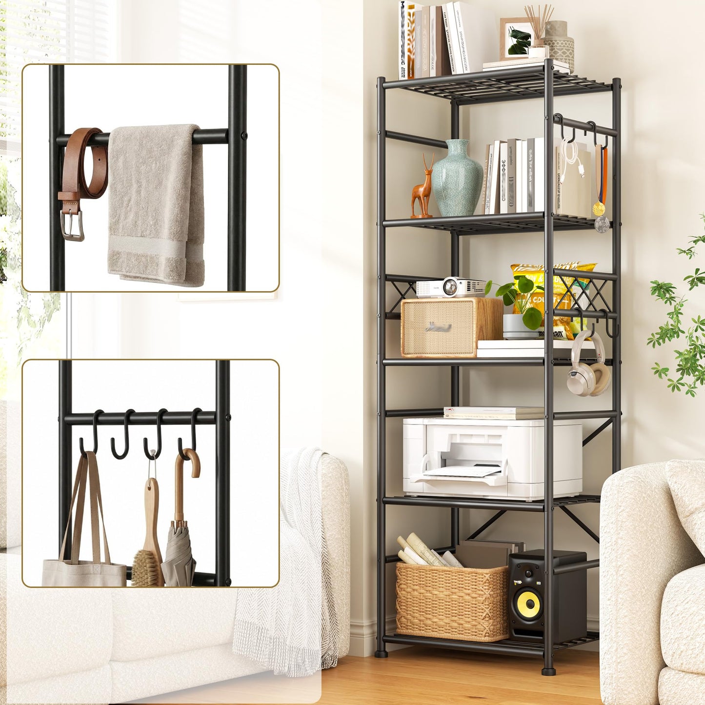 DurayLoly 2 Set Metal Shelving 5 Tier, Storage Shelves with Hooks Save Sapce, Wobble-Free Garage Shelving with Leveling Feet, Metal Shelves for Kitchens, Pantries, Bathrooms, 17.7”W×11.8”D ×58.3”H