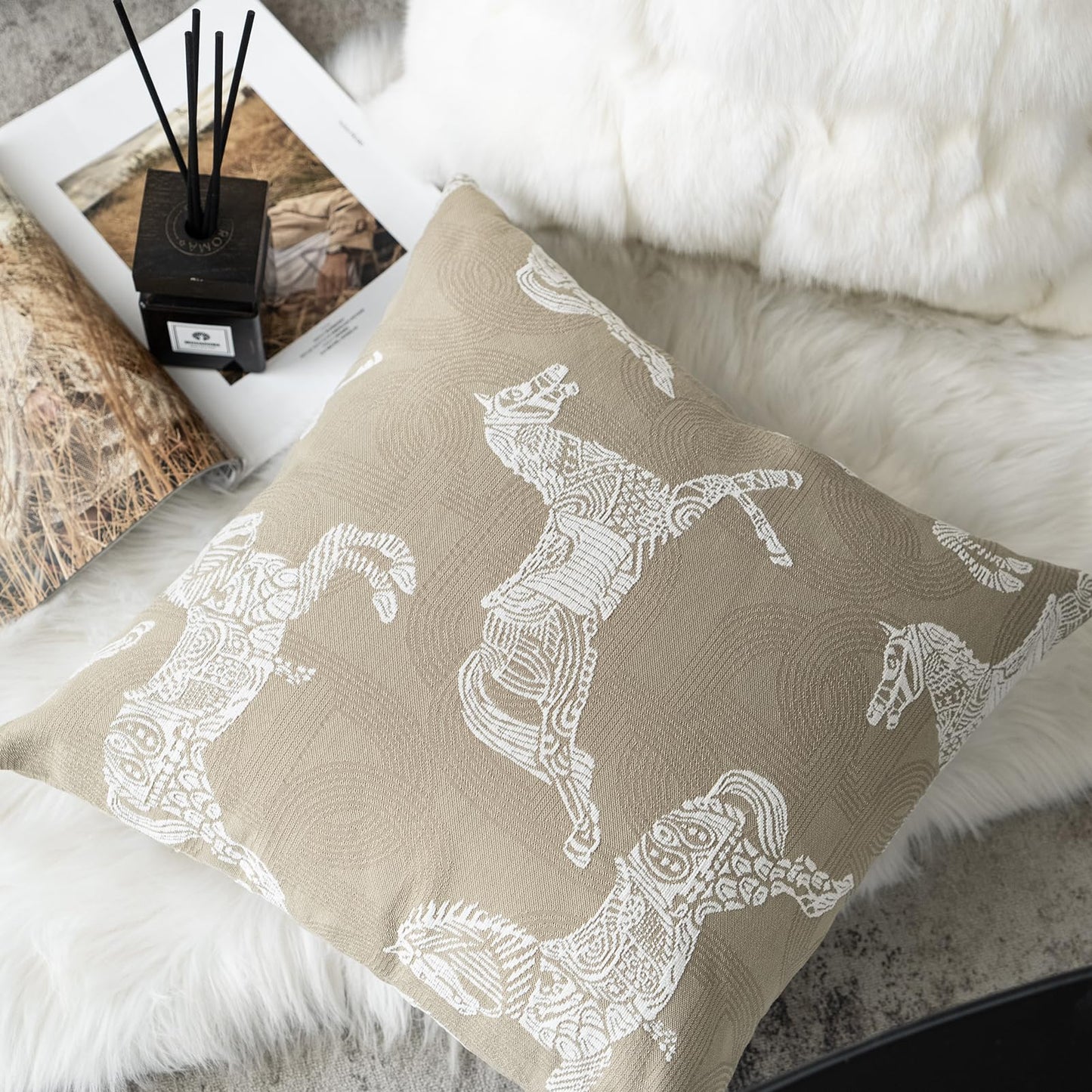 Croker Horse 20x20'' Inches Throw Pillow Cushion Cover - Beige Royal Horse Pattern Chenille Embroidery Jacquard Luxury Modern Fashion Style Couch Sofa Pillow Covers for Bedroom Living Room
