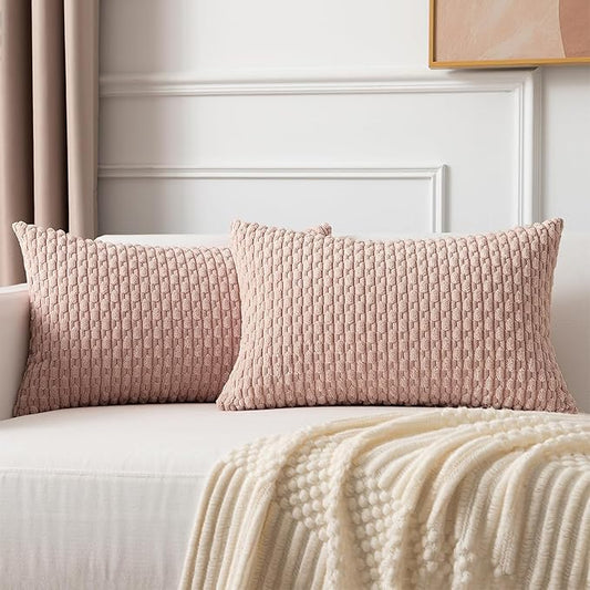 Kevin Textile Pack of 2 Corduroy Decorative Throw Pillow Covers 12x20 Inch Valentine' s Day Soft Boho Striped Pillow Covers Modern Home Decor Gifts for Spring Sofa Living Room Couch Bed Light Pink