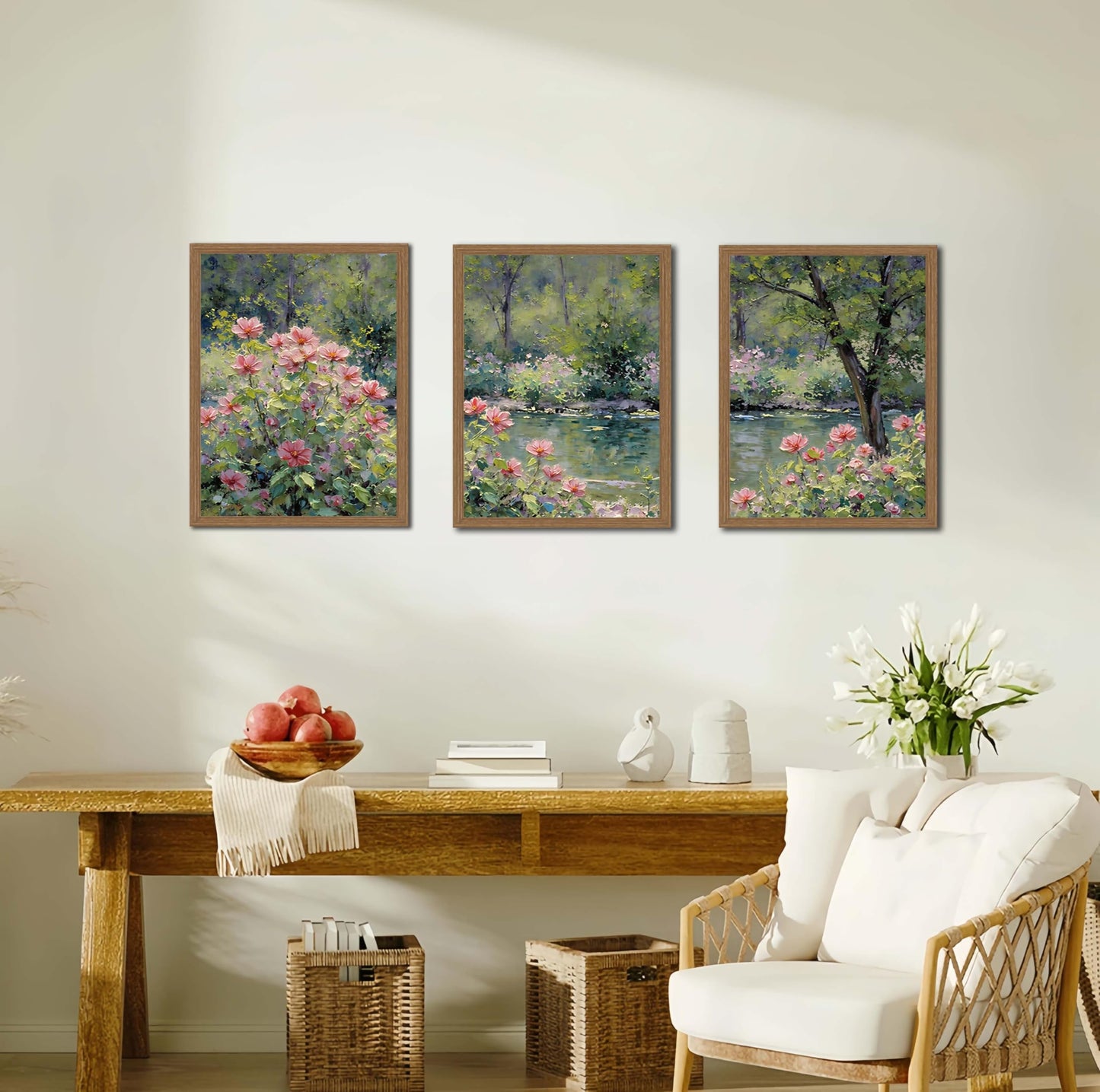 3pcsmonet Framed Wall Art,Retro Floral Gardencanvas Painting, Pink Flowers By Lake Painting, Nature Poster Wall Decor For Living Room Bedroom Office, Ready To Hang 12x16in