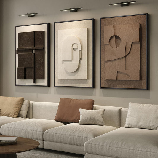 Framed Abstract 3D Textured Wall Art for Living Room, 3 Piece Modern Neutral Artwork for Walls, Brown White Geometric Sandstone Textured Painting for Bedroom, Home Office Decor-Total Size 30x60 Inch