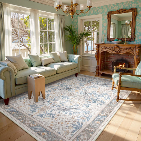 Morebes Floral Washable Area Rugs 5x7, Boho Rugs for Living Room Non Slip, Soft Indoor Floor Throw Carpet Flower Rug for Dining Room Table Bedroom Home Office Playroom Foyer, Beige