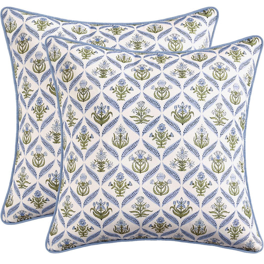 MIULEE Floral Throw Pillow Covers 18x18 Set of 2 Blue and Green Spring Decorative Block Print Cotton Cushion Covers for Couch Living Room, Modern Outdoor Sofa Vintage Garden Pillowcases Home Decor