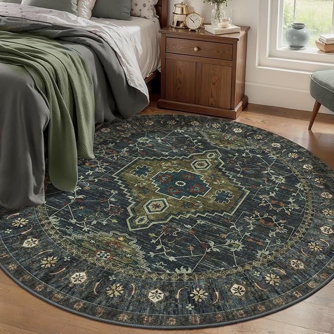 Tangsoo Green Round Area Rugs 6ft, Washable Circle Rug, Non Slip Boho Round Area Rug, Vintage Low Pile Circular Rugs,Large Rounds Rugs Carpet for Livingroom Bedroom Nursery Dorm Office Olive Green