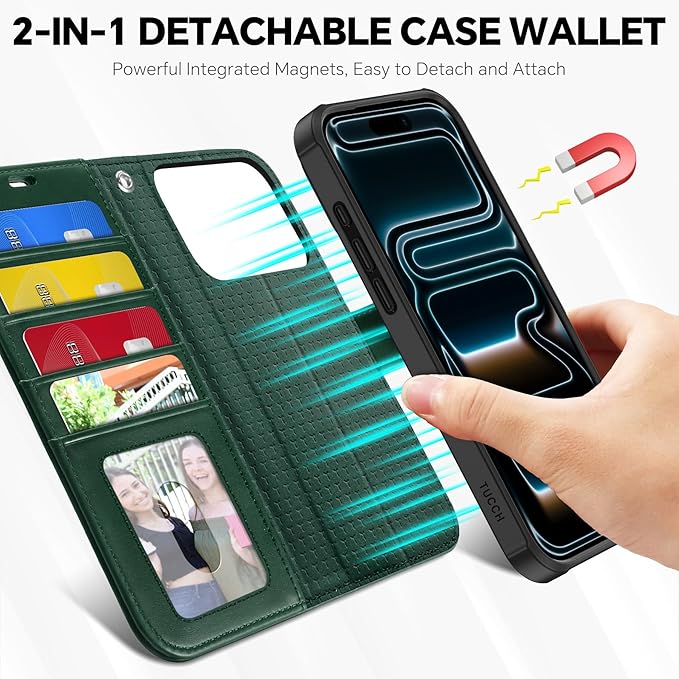 TUCCH Compatible with iPhone 17 Pro (6.3") Detachable Wallet Case with 4 Card Holder, Wireless Charging PU Leather Flip Folio with RFID Blocking Stand Wrist Strap Shockproof Phone Cover, Evergreen