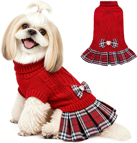 YUDODO Small Dog Sweater Dress with Bowtie Turtleneck - Knitted Pet Girl Dog Winter Clothes - Pet Warm Sweater for Puppy Yorkies, Chihuahua (M Red)