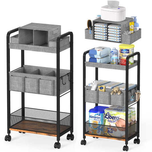 2In1 Baby Diaper Caddy & 3-Tier Rolling Diaper Cart, Caddy Organizer Cart with Dividers, Mobile Metal Bedside Carts for Baby Essentials, Rolling Carts for Newborn Nursery with Wheels, Large Capacity