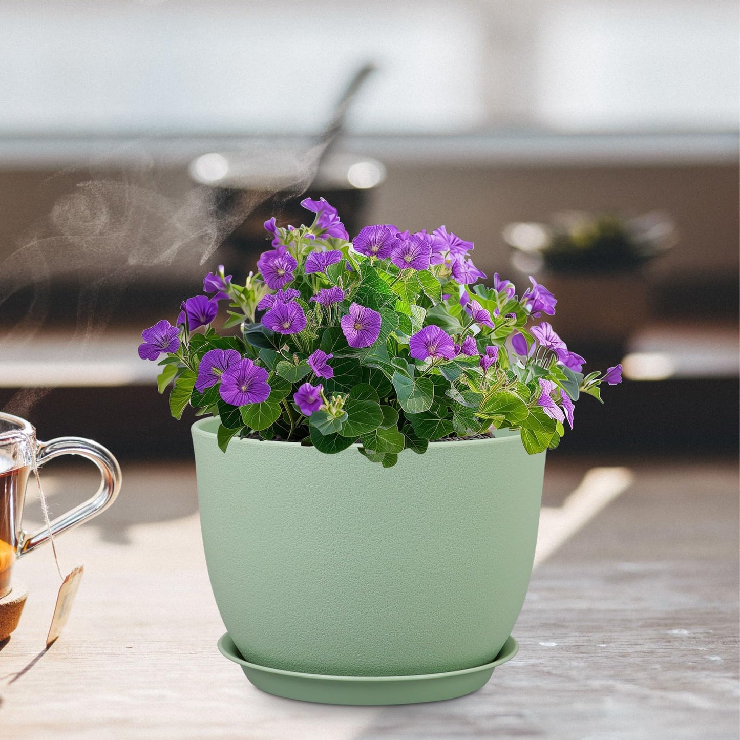 Meowell 12 inch Big Plant Pots, Plastic Planters with Drainage Holes and Trays, Flower Pots for Indoor Outdoor Plants, Modern Decorative Pots for Garden House Plants, Green